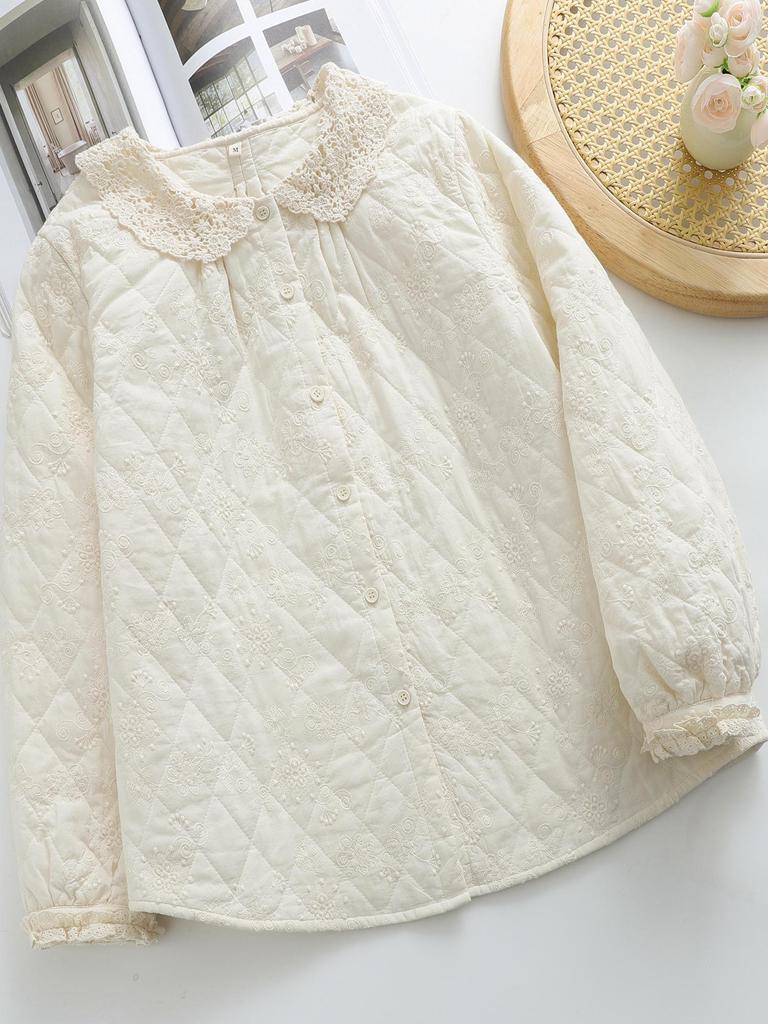 Women's Retro Lace Trim Jacquard Long Sleeve Quilted Shirt - Winter 2025 Edition