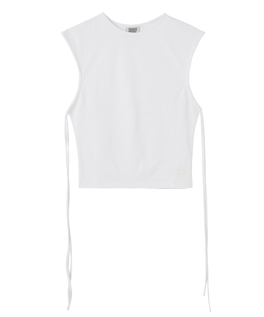 DANGLEDROP Dgdp String Shirred Ribbon Short Sleeve Crop Sleeveless White