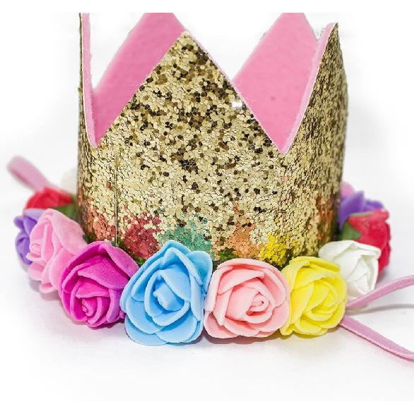 Baby Princess Glitter Gold Crown, 2st Birthday Party Hat Gold with Mix Rainbow Color Flowers