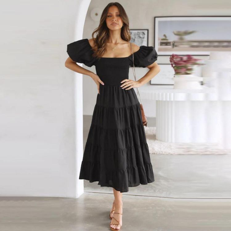 Women's Summer Strapless Print Pleated Dress Short Sleeve Ankle Length Fashion