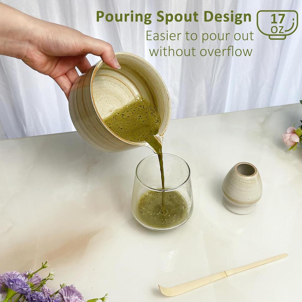 4pcs Matcha Set, Japanese Matcha Kit, Matcha Whisk Set with 17oz Matcha Bowl with Spout, Whisk Holder & Bamboo Scoop, Matcha Tea Set, Matcha Starter