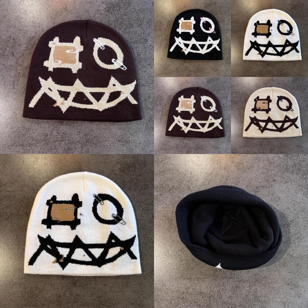 Knit Beanie With Demon Face Embroidery For Halloween And Winter Warmth