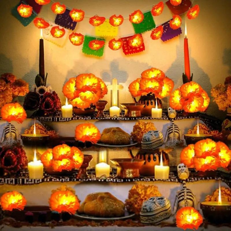 1-10PCS Day of the Dead Marigold LED Garland Artificial Flower String Lights for Halloween Party Dia de los Muertos Decoration