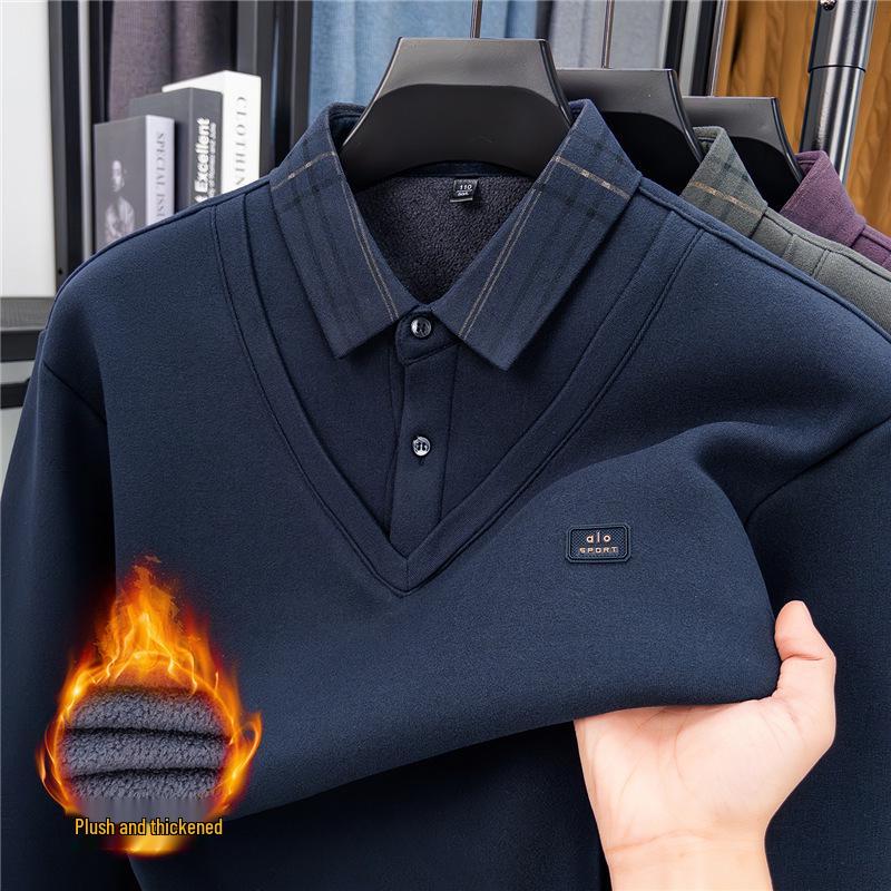 2025 Men s Fleece-Lined Lapel Faux Two-Piece Top: High-End Autumn/Winter Casual Wear M