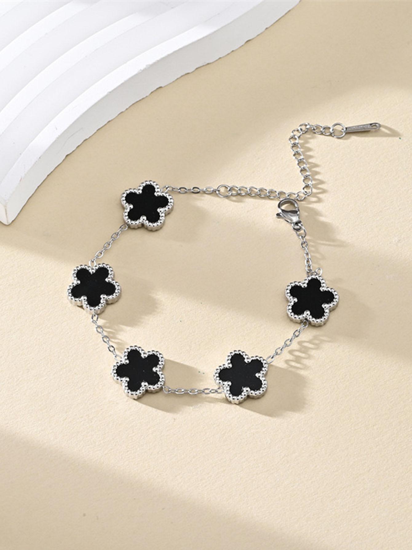 

1 шт. Легкий роскошный счастливый браслет из нержавеющей стали с пятью цветками для повседневных аксессуаров для женщин, браслет с цирконом в виде клевера чёрный