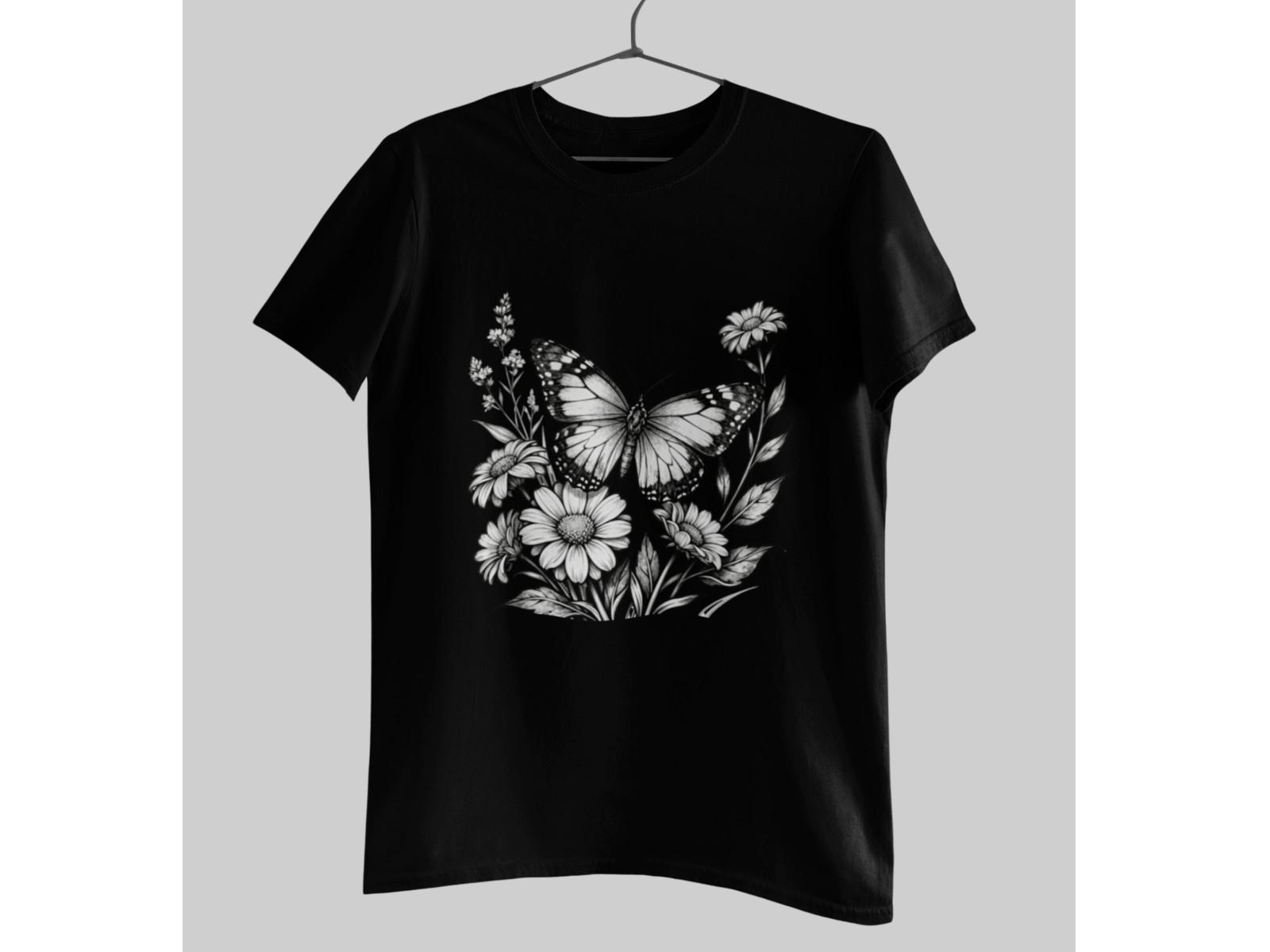 Butterfly Floral T-Shirt Black & White Botanical Graphic Tee 100% Cotton XL