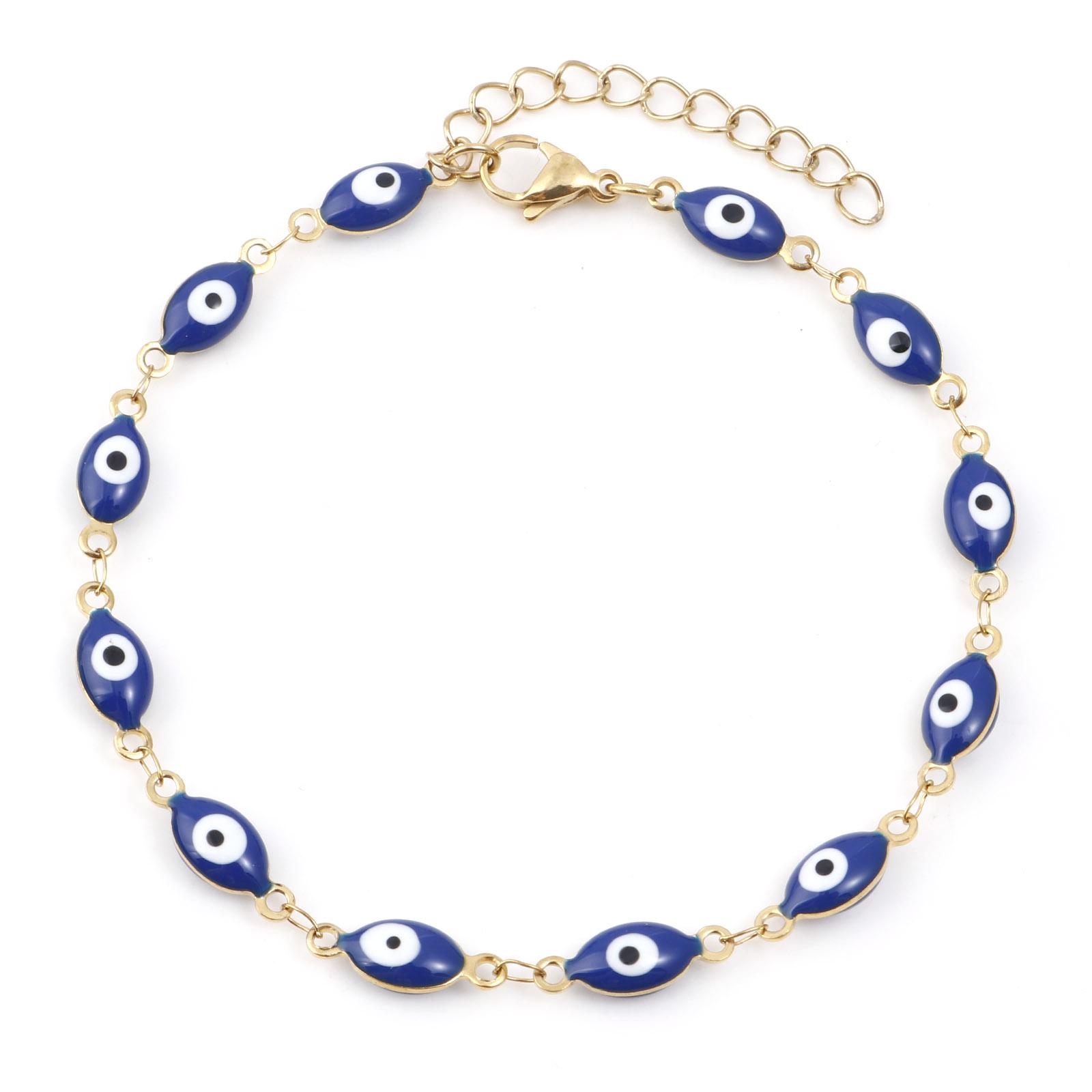 

304 Stainless Steel Religious Anklet Gold Color Link Chain Multicolor Enamel Evil Eye Jewelry Gifts 22cm(8 5/8 ) long, 1 Piece темно-синього кольору