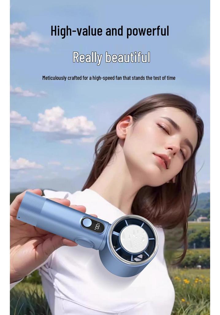 Compact Silent Handheld Fan with Long Battery & Powerful Speed, includes Ice Pack.