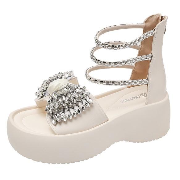 Fashion Bow Muffin Platform Rhinestone Sandals Women's 2025 Summer New Fairy Wind Heightening European Roman Shoes