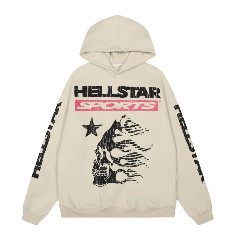 Unisex American Retro Skull Print Fleece-Lined Loose Hoodie L абрикосовый