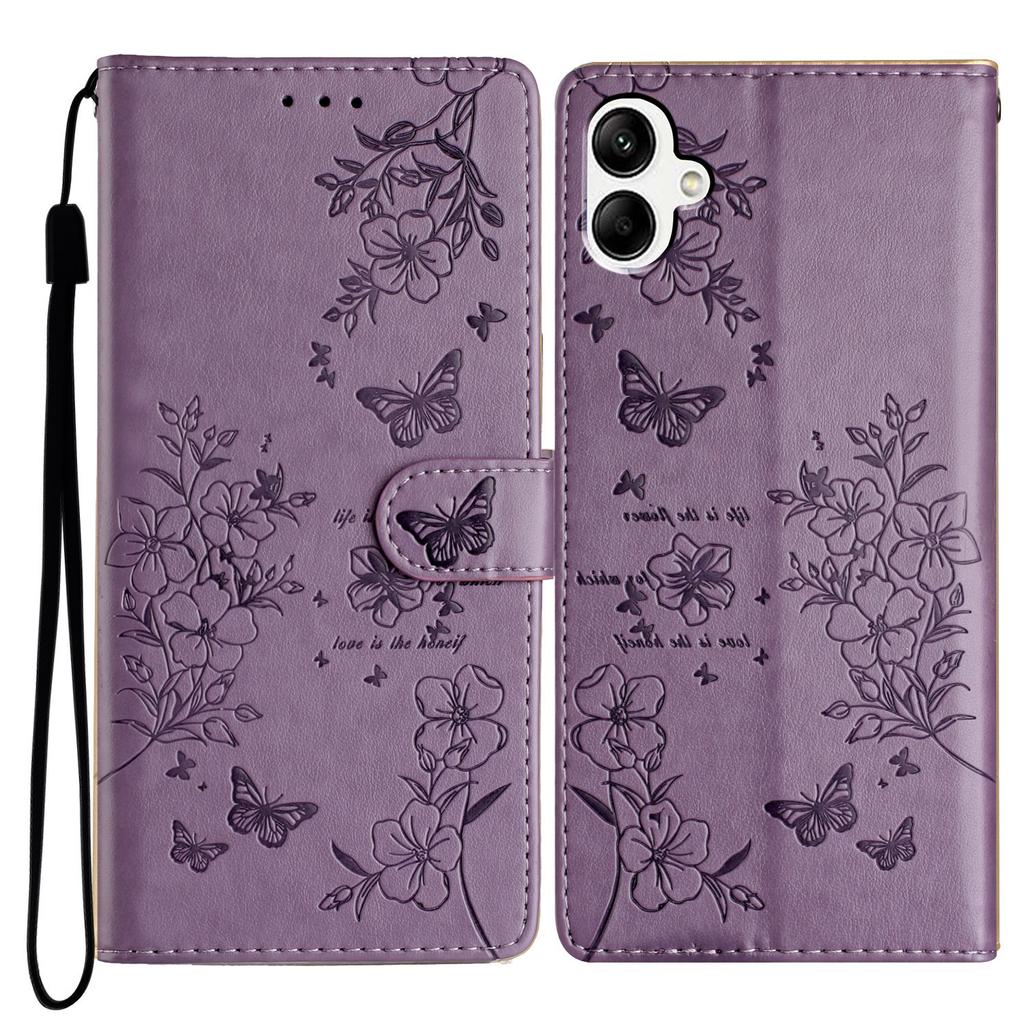 For Samsung Galaxy A07 Lommebok Telefondeksel Sommerfugl Blomster Preg Lær Flipdeksel med Stropp