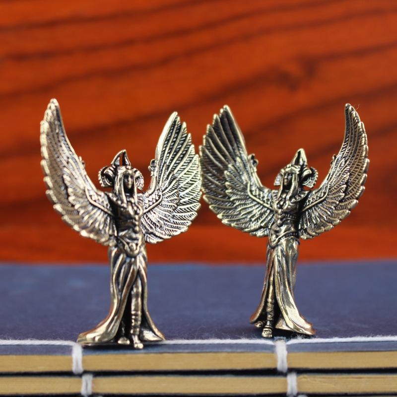 Vintage Brass Egyptian Goddess Statue Angel Wing Figurine Creative Desk Decor Retro Metal Ornament Mythology Art Gift