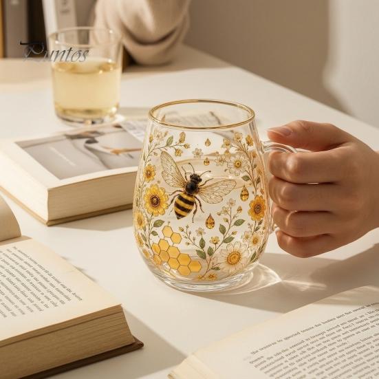 Blumenmuster Glasbecher Morgen-Teetasse, Kolibri-Blumenbecher mit Goldrand, Natur-Motiv Glasware für Kaffee Saft Wein Heiß Kalt