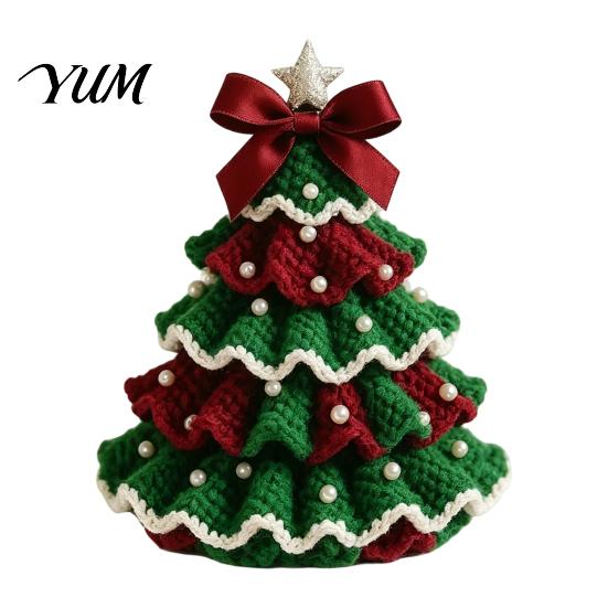 Crochet Christmas Tree Kit for Beginners DIY Kit, Beginner-Friendly Xmas Craft with Bow Plush Holiday Desktop Decoration And Faux Pearl Embellishment,