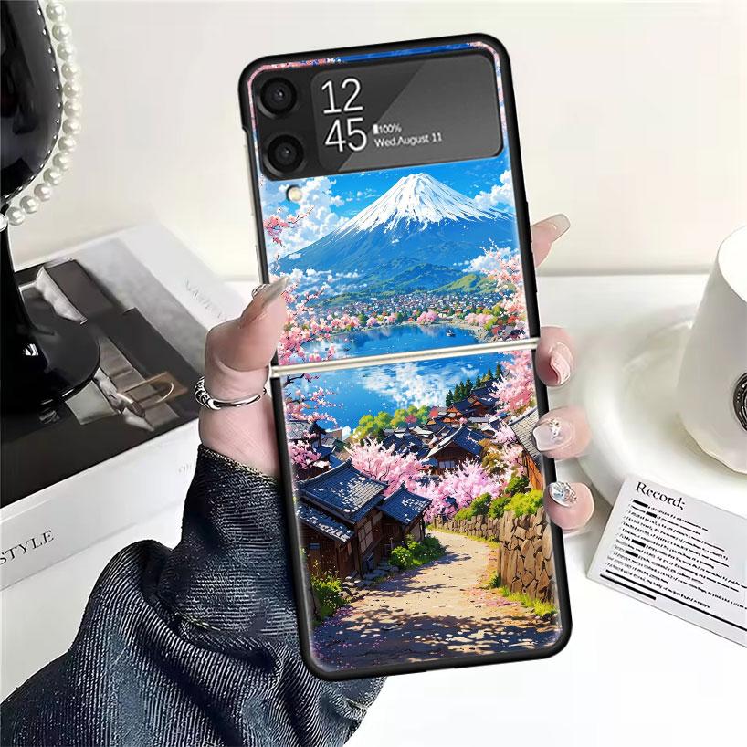 Japanese Cherry Mount Fuji Cases For Samsung Galaxy Z Flip 4 5 6 7 3 Z Flip7 Flip6 Flip4 Flip5 Flip3 5G Hard Shockproof Fundas C