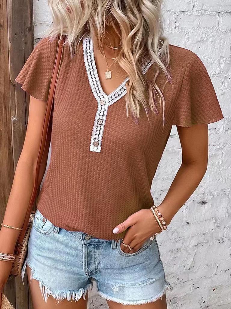 Women's Solid Color V Neck Waffle Panel Short Sleeve T-Shirt