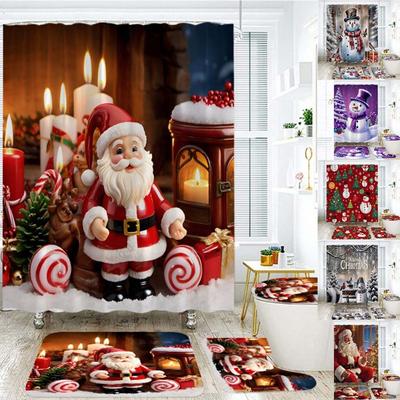 Weihnachtsgeschenke Badezimmer Duschvorhang Teppich Set Weihnachtsmann Schneemann Frohes Neues Jahr Polyester Duschvorhänge Badezimmer Dekor