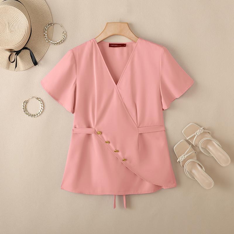 

ZANZEA Women Summer V-Neck Solid Color Short Sleeve Blouse 5XL розовый