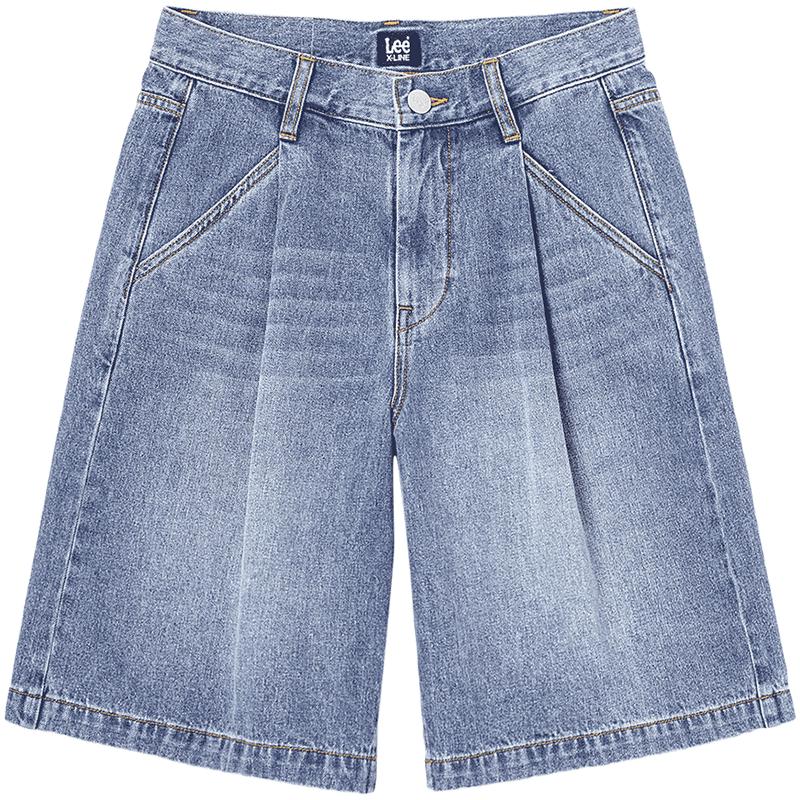 Lee 25 Unisex Loose Fit Single Pleat Medium Light Blue Denim Shorts