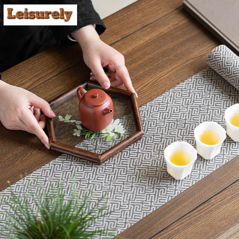 Zen Water Textured Glass Cup Coaster Walnut Wood Hexagonal Tea Tray Japanese Small Teapot Holder Household Tea Table Accessories