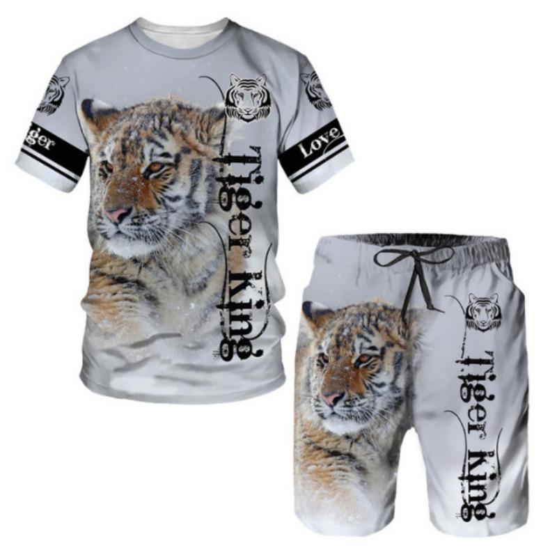 

Летние мужские комплекты, шорты, наряды, футболка с коротким рукавом и принтом тигра 3D, повседневный спортивный костюм из двух частей, свободный размер, пляжная спортивная одежда 3XL