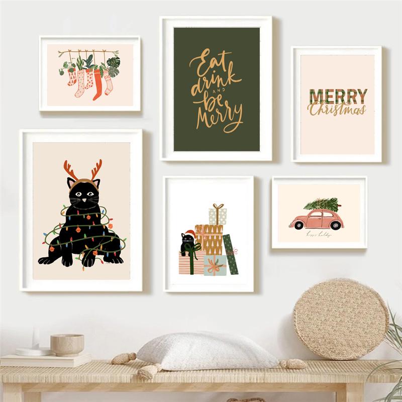 Christmas Tree Garland Decor Posters Merry Christmas Canvas Painting Nordic Poster Holiday Room Wall Art Picture For Home Decor