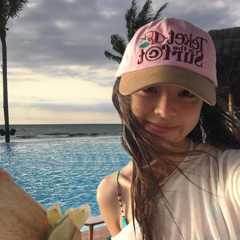 Korean Retro Contrasting Color Pink Baseball Cap Trendy Brand Letter Color Block Baseball Cap Embroidery Ins Soft Top Sun Visor Baseball Cap