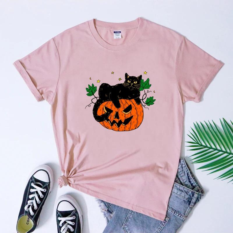 Retro Black Cat And Pumpkin Tshirt Women Autumn Spooky Season Holiday Top Tee Shirt Funny Halloween Party Tshirt
