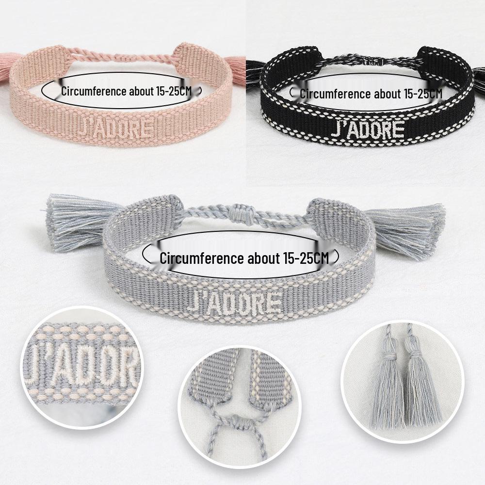 Pulseira Tecida Europeia e Americana de 1,3 cm com Bordado de Letras e Borla