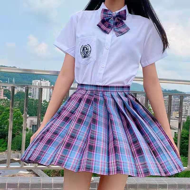 Gentle Blade Authentic JK Uniform: Plaid Pleated Skirt & College Style Short Shirt Set