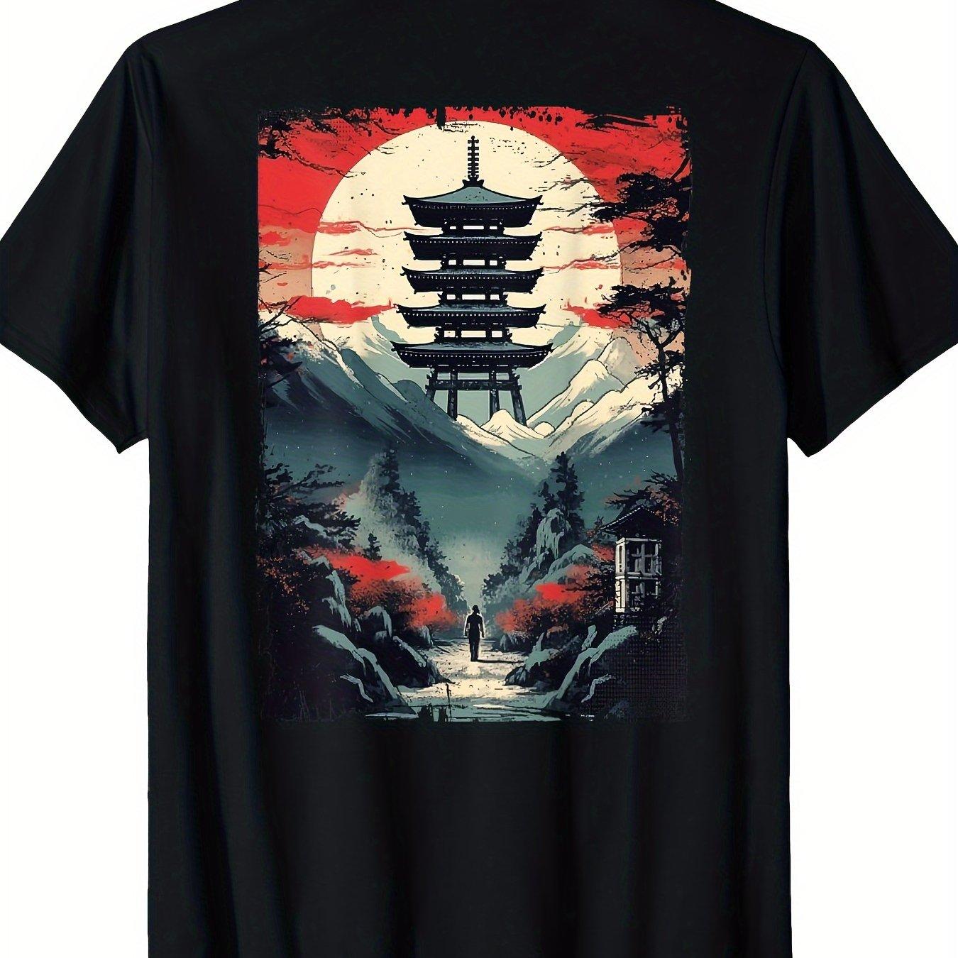 Мужская повседневная хлопковая футболка с коротким рукавом, графический дизайн, японская пагода, храм, восход солнца S