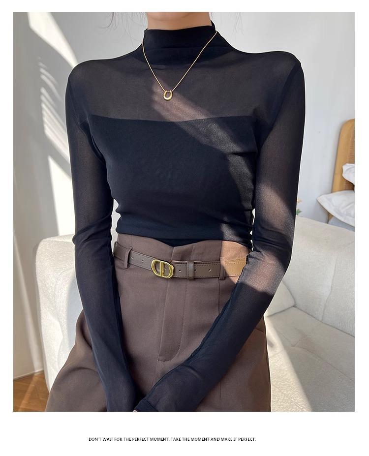 Women's Slim-Fit Velvet Base T-Shirt with Mesh Sleeves: Elegant Half-High Collar for Autumn/Winter