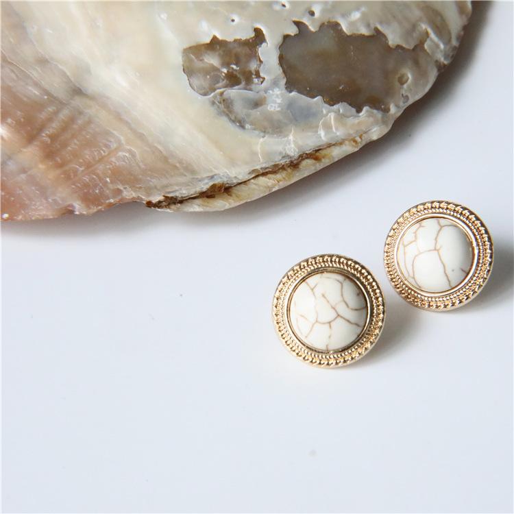 New Vintage Round Marble Opal Stone Big Stud Earrings Women Fashion Temperament Ear Stud Circle Pearls Stone Jewelry