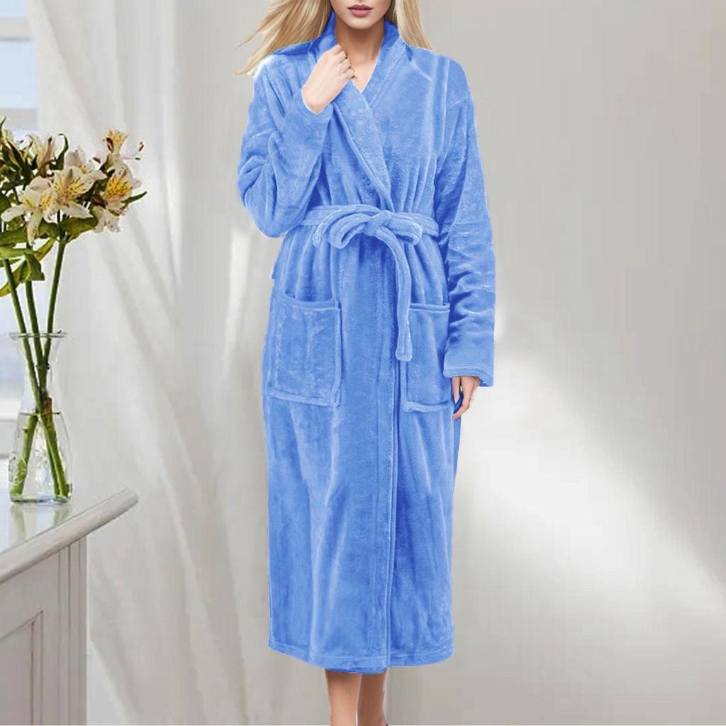 Kalın Sıcak Flanel Bornoz Kış Uzun Kollu Peluş Bornoz Hırka Kadın Polar Gecelik Salon Pijama Banyo Ev Giyim