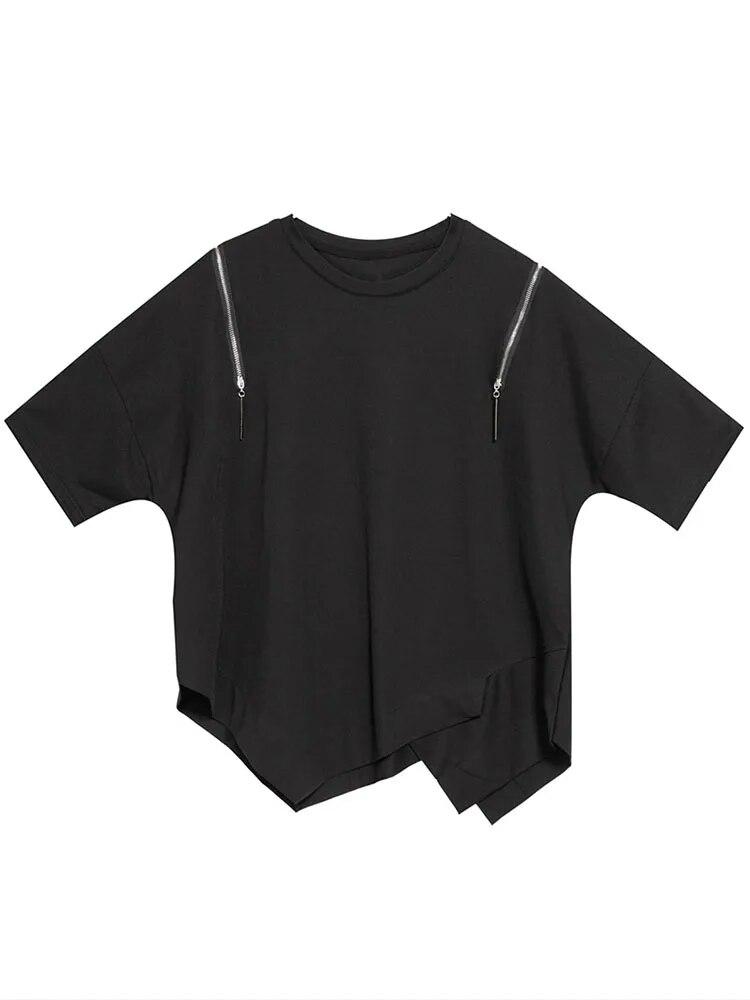Xitao Asymmetrische T-Shirts mit Reißverschluss, lockeres modisches Damen-Top DMJ1179
