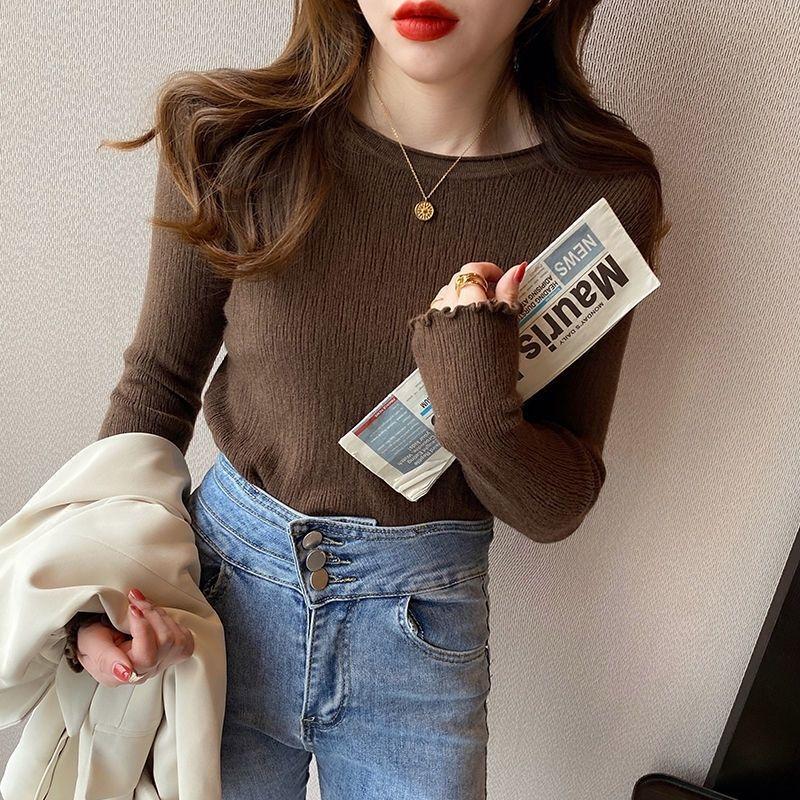 

Вязаный базовый свитер с длинными рукавами, осенне-зимний приталенный свитер с круглым вырезом и верхом из грибовидной кромки для женщин XL