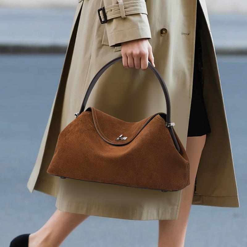 Brown Suede-Finish Cowhide Handbag – Minimalist, Lightweight, and Elegant Shoulder Bag for Women