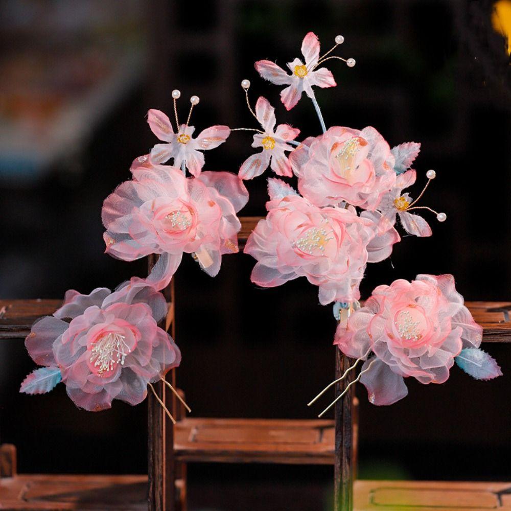 Pearl Ancient Hair Clip Tassel Hanfu Headwear Elegant Silk Flower Hairpin  Children