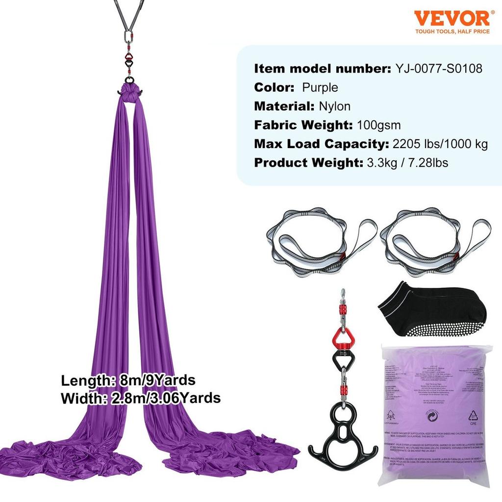 Aerial Silk & Yoga Swing, 8.7 Yards, Aerial Yoga Hammock Kit with 100gsm Nylon Fabric, Full Rigging Hardware & Easy Set-up Guide, Antigravity Flying
