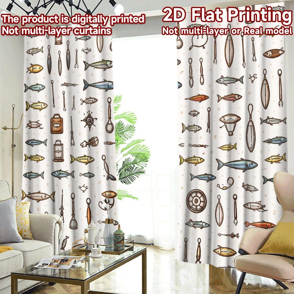 IMPRESSION PLATE 2D 2 pièces Rideaux (Sans Canne) Équipement de pêche et poissons Rideaux filtrants la lumière populaires Polyester Installation facile