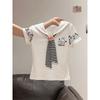 Sweet shawl navy collar short-sleeved t-shirt women's summer design is unique and beautiful, age-reducing wear and chic tops are trendy