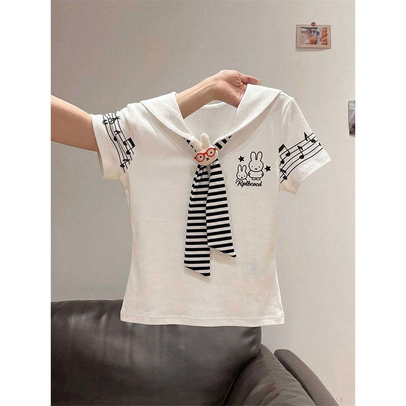 Sweet shawl navy collar short-sleeved t-shirt women's summer design is unique and beautiful, age-reducing wear and chic tops are trendy