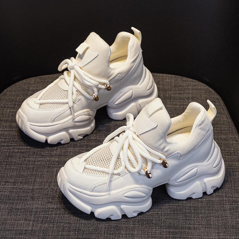 Genuine Leather Women's Dad Shoes 2024 - 8CM Height Boost, Versatile College Style, Trendy Spring/Summer Sport Design