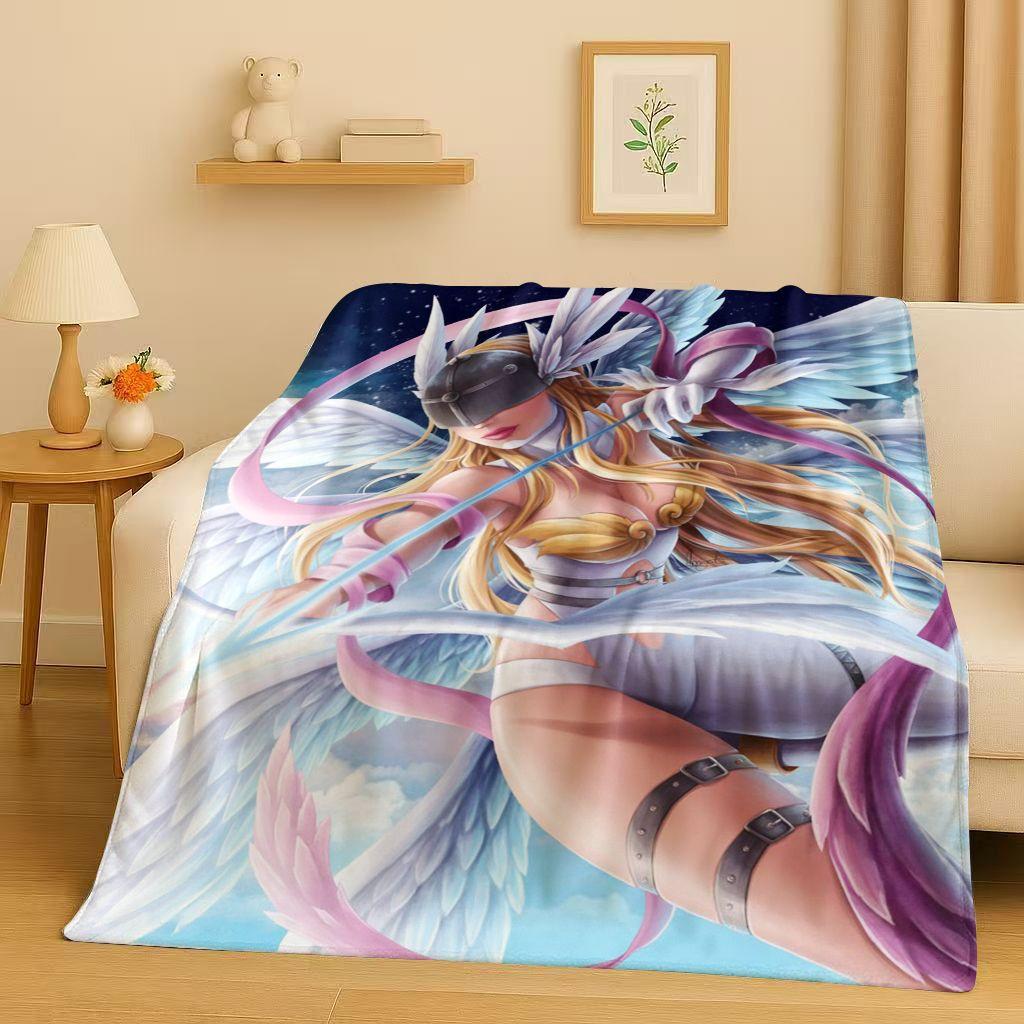 3D Cartoon Digimon Adventure Angemon Flannel Blanket,Soft Warm Plush Throw For Home Bedroom Bed Sofa Cover Picnic Office Kids
