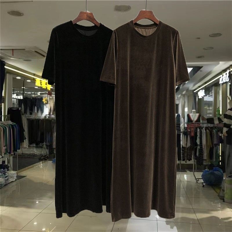 

French Style Temperament Socialite Classy Feminine Pleuche Dress Female Spring & Fall Loose Flattering Straight-leg Bottoming Skirt Coffee rear split L