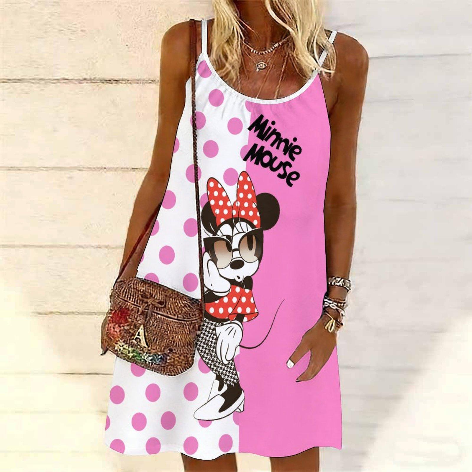 

Women Cute Cartoon Pattern Printed Mini Dress Sleeveless Party Dress Summer Beach Dress Sundress XS розовый