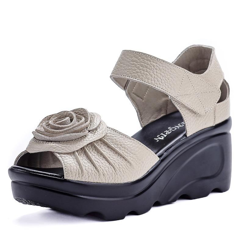 All Cowhide Summer New Retro Platform Wedge Heel Leather Handmade Sandals Women's Genuine Leather Mother Shoes