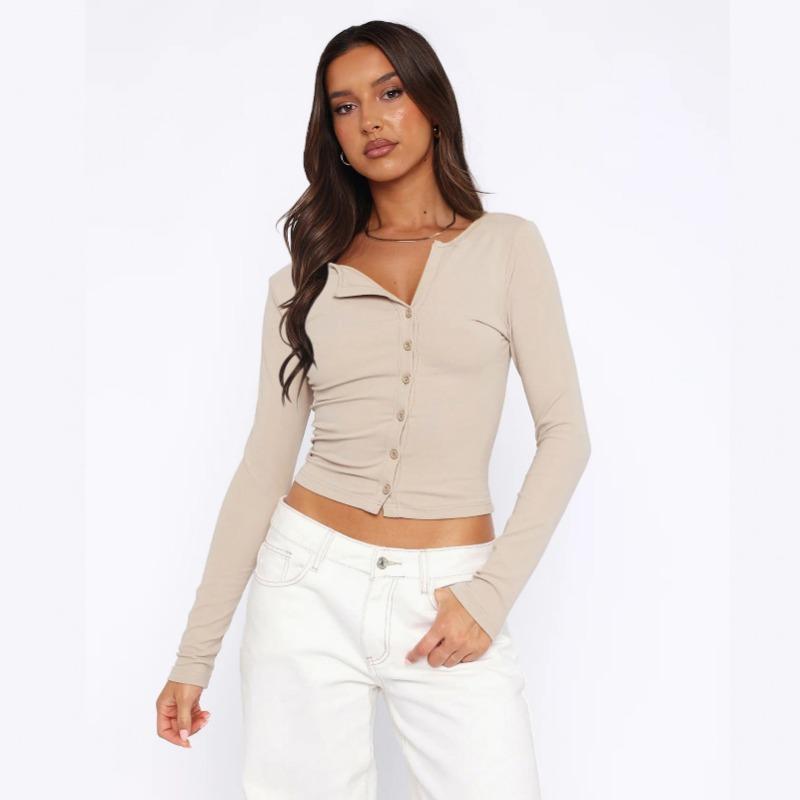 Jesień i Zima Jednolity Kolor Miękki Guzik Krótki Długi Rękaw Kurtka Kardigan Top