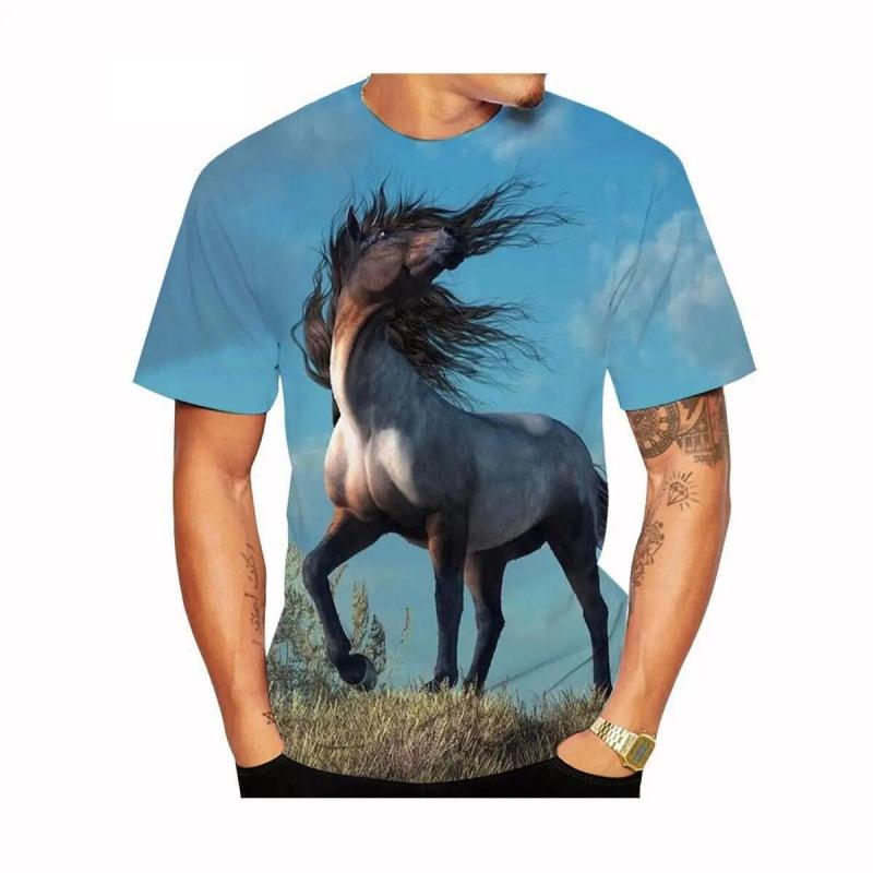 Summer Round Neck 3D Horse Pattern Print Top Fashionable Casual Short Sleeved Men's T-shirts