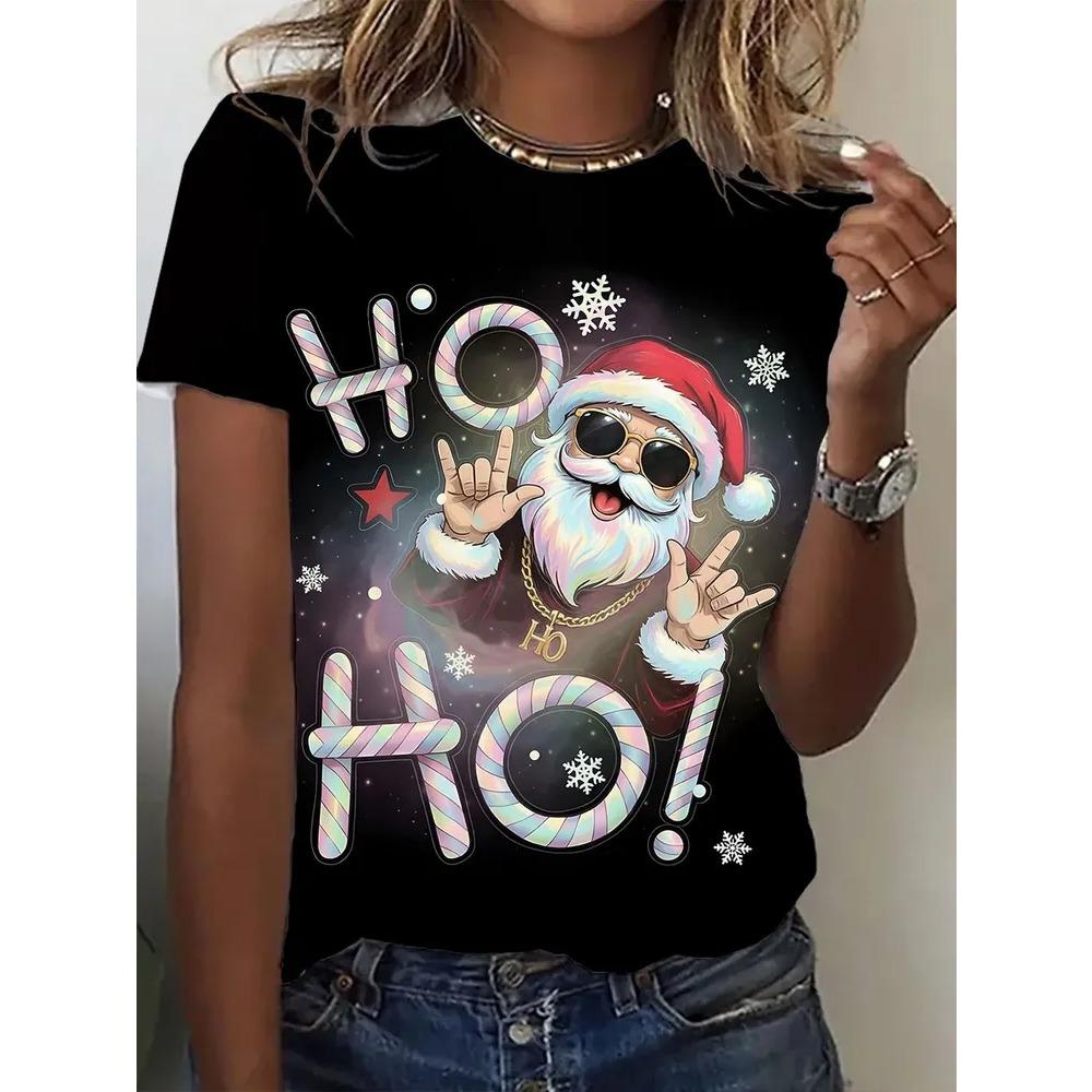 Summer Large Loose Christmas Santa Claus 3D Printed Women's T-shirt Fashionable Casual Comfortable Breathable Short Sleeved Round Neck T-shirt